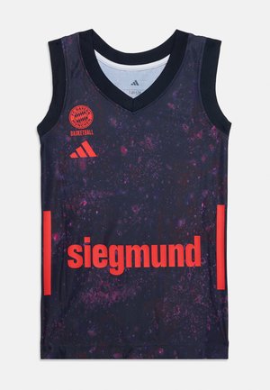 Maillot de basket du FC Bayern Munich bleu marine foncé et violet moucheté, avec des logos et des bordures rouges ainsi que le texte du sponsor « siegmund ».