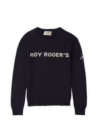 Pullover lavorato a maglia blu navy con il logo "ROY ROGER'S" in bianco sulla parte anteriore e un piccolo logo a triangolo sul maniche destro.