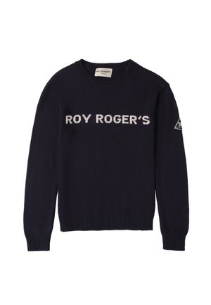 Pullover lavorato a maglia blu navy con il logo "ROY ROGER'S" in bianco sulla parte anteriore e un piccolo logo a triangolo sul maniche destro.