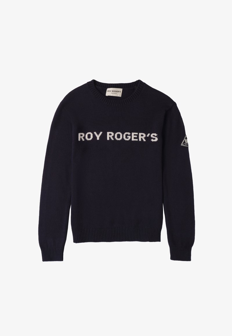 Marineblauer Strickpullover mit dem weißen Logo "ROY ROGER'S" auf der Brust und einem kleinen dreieckigen Logo auf dem rechten Ärmel.