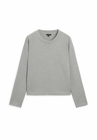 Pull-over gris à manches longues avec un col rond, en tissu doux, présentant une coupe décontractée et des poignets côtelés pour une texture supplémentaire.