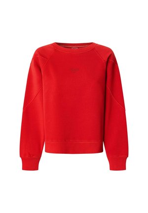 Rode sweatshirt met een ronde hals, lange raglanmouwen, geribde boorden en onderrand, met een subtiele reliëf logo op de voorkant. Zachte stofstructuur.