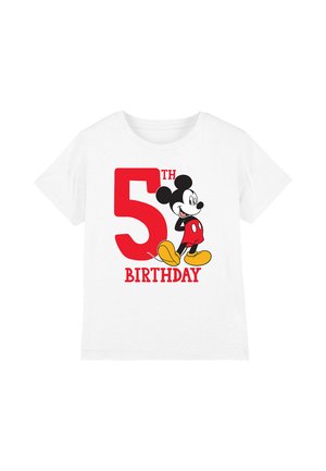 White cotton T-shirt featuring a graphic of Mickey Mouse and bold red text that reads "5TH BIRTHDAY." Short sleeves, crew neck design.