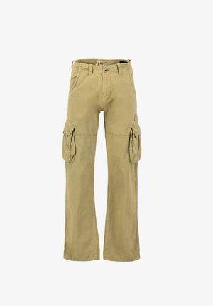 Khaki spodnie cargo wykonane z mocnego materiału, z wieloma bocznymi kieszeniami, luźnym krojem i prostymi nogawkami.