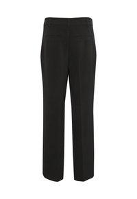 Melnas pielāgotas bikses ar taisnu kāju griezumu, divām muguras ielaiduma kabatām un jostas cilpām uz jostasvietas.