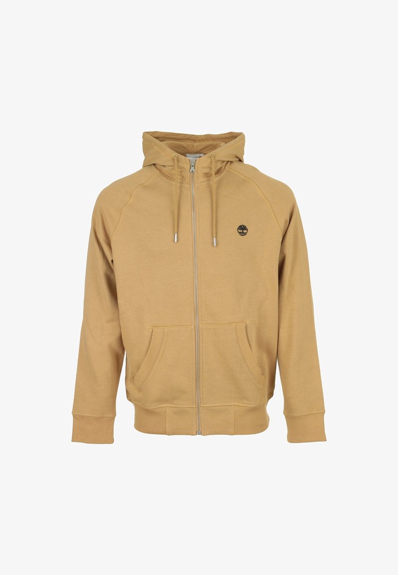Sweat à capuche beige à fermeture éclair complète avec poches avant, capuche à cordon, poignets côtelés et petit logo d'arbre noir sur le côté gauche de la poitrine.
