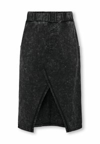 Gonna di denim nera con spacco frontale, vita elastica e tasche laterali. Presenta una finitura leggermente testurizzata e un design alla lunghezza del ginocchio.