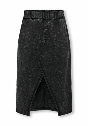 Gonna di denim nera con spacco frontale, vita elastica e tasche laterali. Presenta una finitura leggermente testurizzata e un design alla lunghezza del ginocchio.