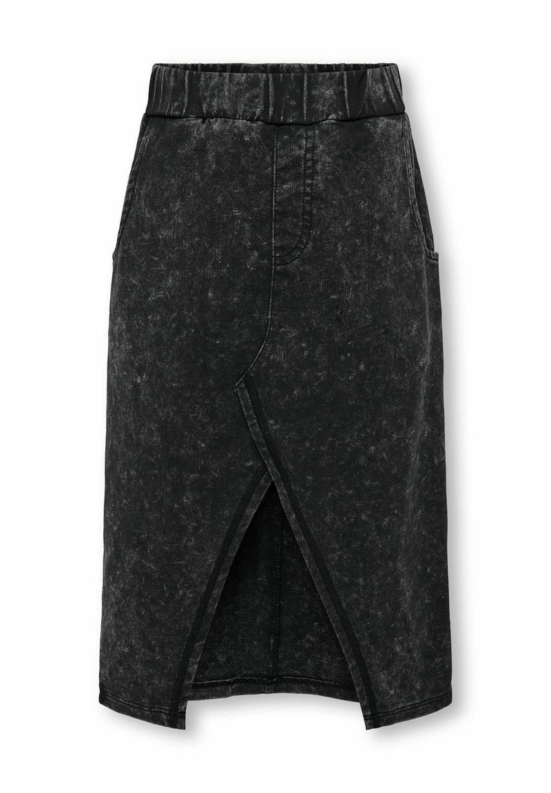 Gonna di denim nera con spacco frontale, vita elastica e tasche laterali. Presenta una finitura leggermente testurizzata e un design alla lunghezza del ginocchio.