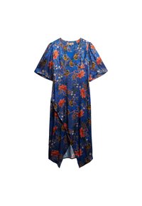 Blauwe bloemenjurk met korte mouwen, een V-hals en een asymmetrische zoom, bedrukt met oranje en groene bloemmotieven.