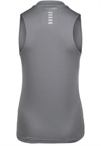 Gray sleeveless athletic tank top with a textured fabric. Features a round neckline and vertical embossed logo detail on the back.