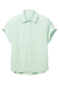 Short-sleeve button-up shirt in light green with white vertical stripes, featuring a collar and a curved hem, made of soft fabric.
