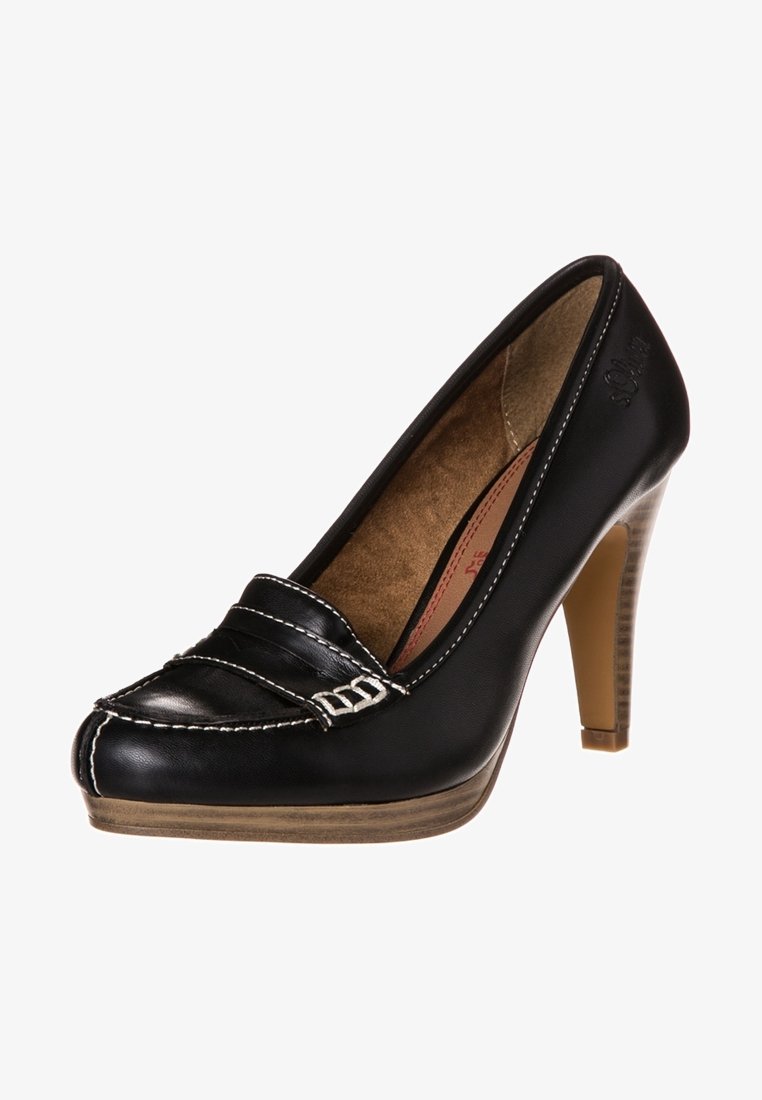 Mocassin à talons hauts en cuir noir avec surpiqûres blanches, talon empilé marron et intérieur rembourré beige.