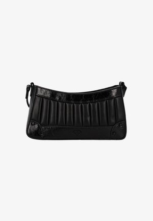 Black leather handbag with a curved shape, featuring a ribbed texture, shiny accents, and flat bottom with two decorative studs.