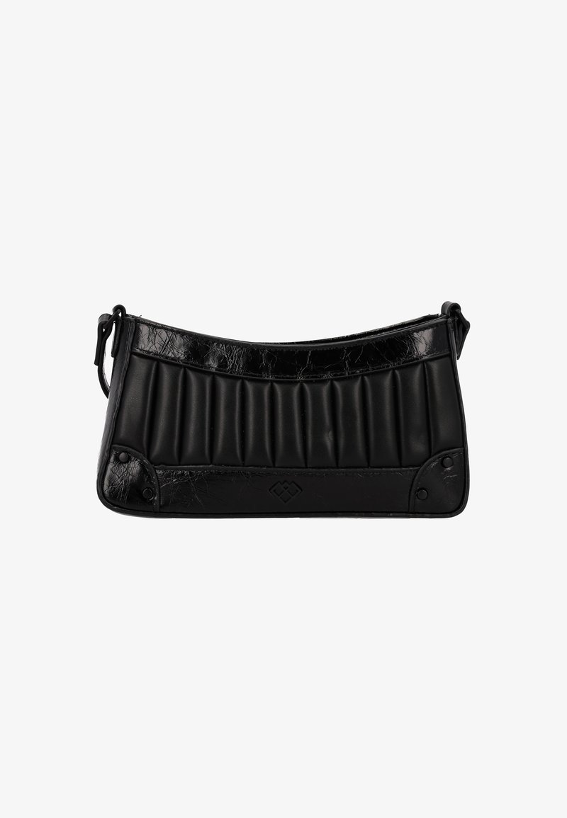 Black leather handbag with a curved shape, featuring a ribbed texture, shiny accents, and flat bottom with two decorative studs.