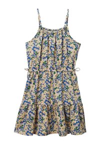 Robe à imprimé floral avec bretelles spaghetti réglables, ourlet à volants, taille froncée, ornée de fleurs bleues et jaunes sur un fond beige.
