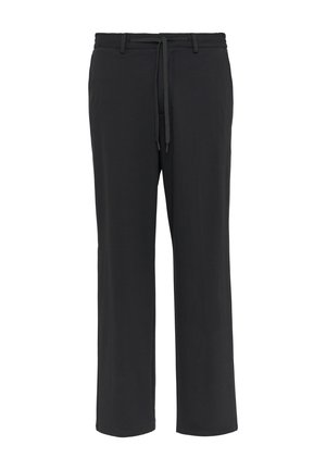 Schwarze, lockere Hose aus weichem Stoff, mit einem Kordelzugbund und geraden Beinen. Keine sichtbaren Muster oder Akzente.