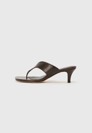 Brown faux snakeskin heeled sandals with a thong design and a square toe. The heel is approximately 2 inches tall, with a smooth finish.