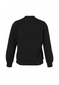 Veste bomber noire à manches longues avec des poignets élastiques, une ceinture élastique et un petit logo dans le haut du dos.