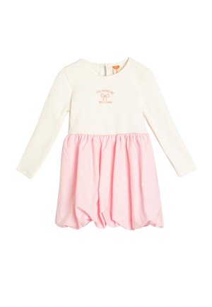 Witte jurk met lange mouwen en een roze geplooide rok, met een geborduurd ontwerp "You Make Me Rise & Shine". Zacht katoenen materiaal.
