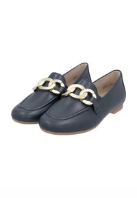 Navyblaue Lederloafers mit quadratischer Zehenform, verziert mit einer goldenen Kettenakzent und einer Gummisohle. Glatte Textur und flaches Design für bequemes Tragen.