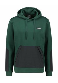 Haut à capuche vert avec une poche avant noire, des accents latéraux noirs et des cordons de serrage ajustables. Fabriqué en tissu doux, avec un logo sur la poitrine.