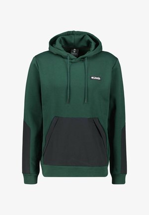 Grön huvtröja med en svart framficka, svarta sidodetaljer och justerbara dragsnören. Tillverkad av mjukt tyg, med en logotyp på bröstet.