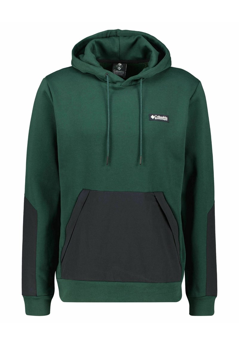 Haut à capuche vert avec une poche avant noire, des accents latéraux noirs et des cordons de serrage ajustables. Fabriqué en tissu doux, avec un logo sur la poitrine.