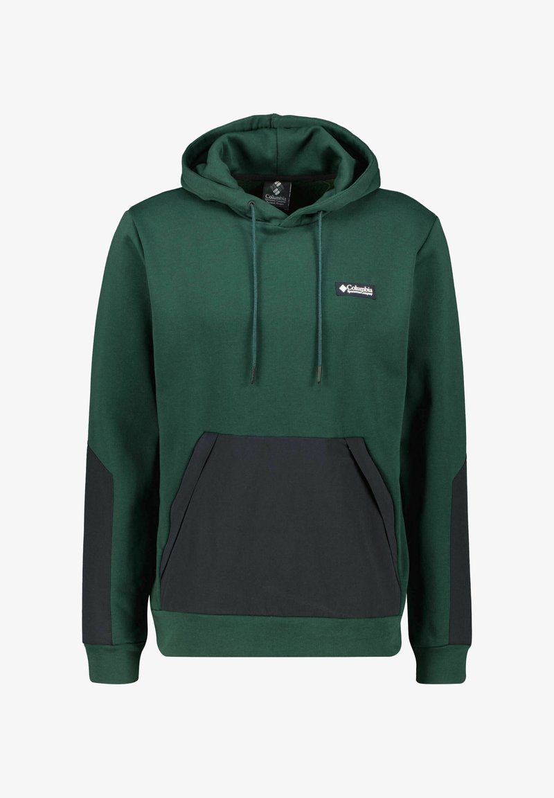 Haut à capuche vert avec une poche avant noire, des accents latéraux noirs et des cordons de serrage ajustables. Fabriqué en tissu doux, avec un logo sur la poitrine.