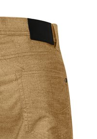 Beige Baumwollhose mit strukturierter Oberfläche, ausgestattet mit einem schwarzen Bundpatch, Seitentasche und kontrastierenden Steppnähten.