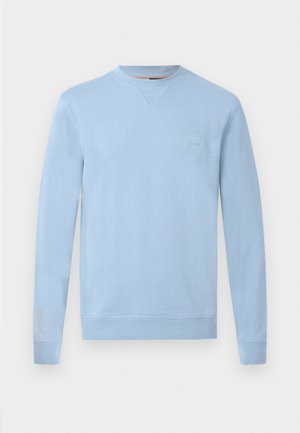 Sweat-shirt bleu clair à manches longues avec col rond, poignets et ourlet côtelés, avec un petit patch logo carré sur la poitrine gauche.