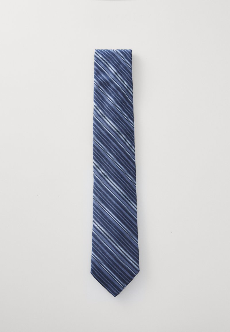 Šaurs zils kaklasaites ar diagonāliem svītrojumiem dažādās zila un gaiši zilas toņos. Izgatavota no gludas auduma ar norādītu galu.