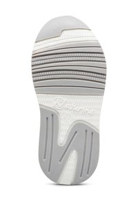 Suola di scarpa in gomma bianca con motivi testurizzati grigi, caratterizzata da scanalature parallele e un elemento di design a forma di 'N' prominente.