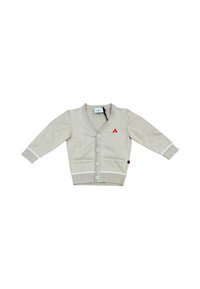 Cardigan beige chiaro con scollo a v, maniche lunghe, cinque bottoni e dettagli ricamati rossi. Presenta accenti a righe bianche e due tasche frontali.