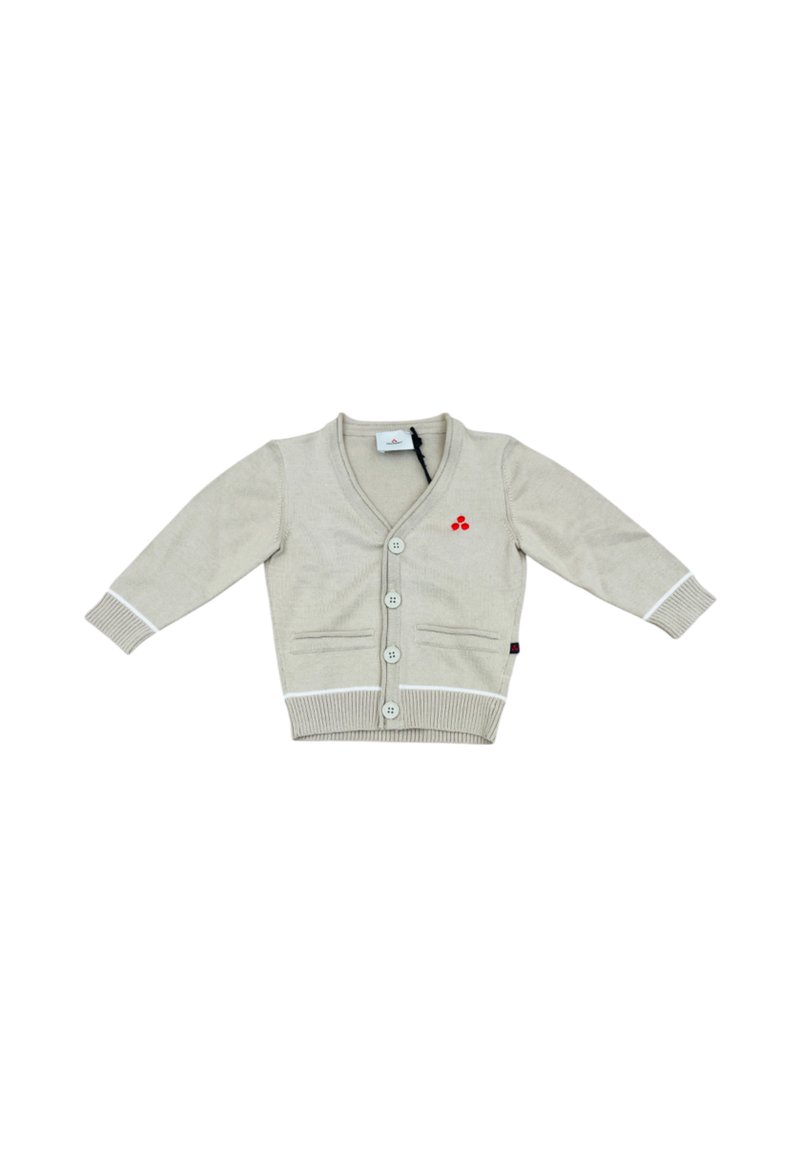 Cardigan beige chiaro con scollo a v, maniche lunghe, cinque bottoni e dettagli ricamati rossi. Presenta accenti a righe bianche e due tasche frontali.