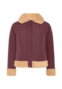 Burgundská bunda s krémovým umělým beránkovým lakem a lemem. Má přední zapínání a boční kapsy s hladkým povrchem.
