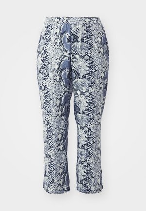 Schlangenprint-Hose in Blau und Weiß mit elastischem Bund, taillierter Passform und mittellanger Länge bis zur Wade. Der Stoff scheint glatt mit einem dezenten Glanz zu sein.