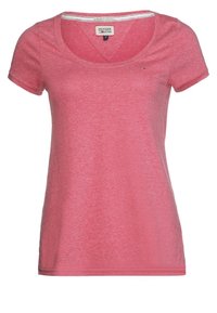 Dames T-shirt met korte mouwen, gemaakt van roze katoen, met een ronde halslijn en een klein Tommy Hilfiger-logo op de borst.