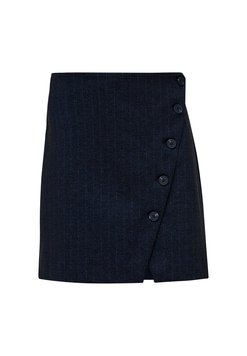 Donkerblauwe geweven rok met verticale streepdessin, wikkelontwerp en vijf decoratieve knopen aan de zijkant. Soepele textuur en op maat gemaakte silhouet.