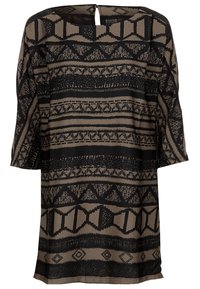 Brun tunika klänning med svarta geometriska mönster, löst snitt, rund halsringning och en liten nyckelhålsöppning i ryggen. Mjuk tygkänsla.