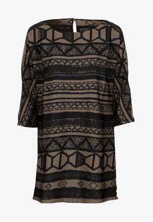 Abito tunica marrone con motivi geometrici neri, design loose, scollo rotondo e una piccola apertura a chiave sulla schiena. Tessuto morbido.