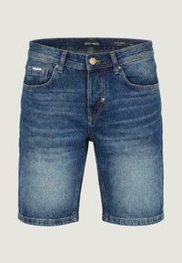 Pantalones cortos de mezclilla azul con botón y cremallera delanteros, diseño de cinco bolsillos y detalles sutiles descoloridos en los muslos y la zona de la cintura.