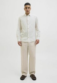 Camisa de botón de rayas claras en algodón, con cuello y mangas largas. Combinada con pantalones de lino beige y sandalias planas marrones.