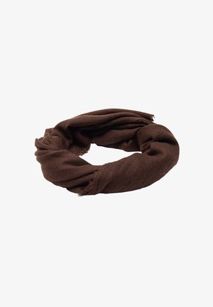 Brązowy, miękki szalik z okrągłym wzorem i postrzępionymi brzegami, wykonany z lekkiego materiału. Idealny do warstwowego ubierania w chłodniejsze sezony.