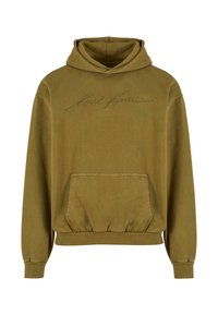 Olivově zelená mikina s klokaní kapsou, pružnými manžetami a stahovaným lemem. Na přední straně má vyšívané logo "Karl Kani". Měkká textilie.