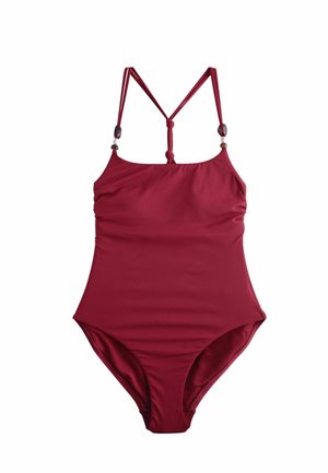 Costum de baie întreg, roșu închis, cu bretele subțiri reglabile, decorate cu mărgele, și nod central la spate.