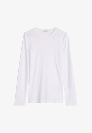 Gładka biała koszulka z długim rękawem i okrągłym dekoltem, o prostej, gładkiej fakturze, na białym tle.