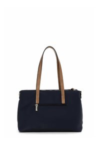 Borsa a spalla blu navy realizzata in materiale resistente, con manici in pelle marrone e una tasca con zip sul fronte. Texture liscia, forma rettangolare.