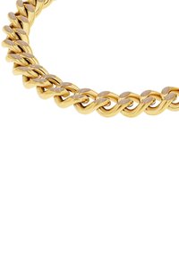 Collana in metallo dorato con catena, caratterizzata da maglie intrecciate con una finitura liscia e lucida e un design spesso e arrotondato.