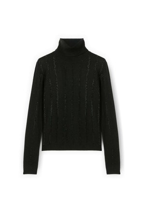Jersey de cuello alto negro con rayas verticales texturizadas y un brillo sutil. El cuello y los puños acanalados realzan el diseño ajustado.